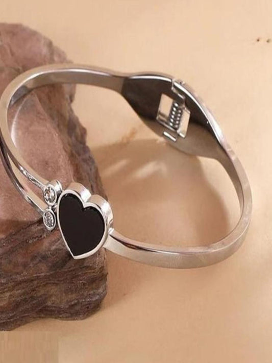Black Heart Crystal Silver Bangle Bracelet