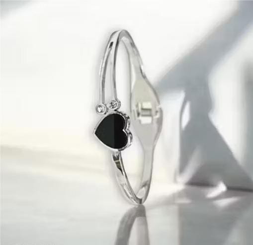 Black Heart Crystal Silver Bangle Bracelet