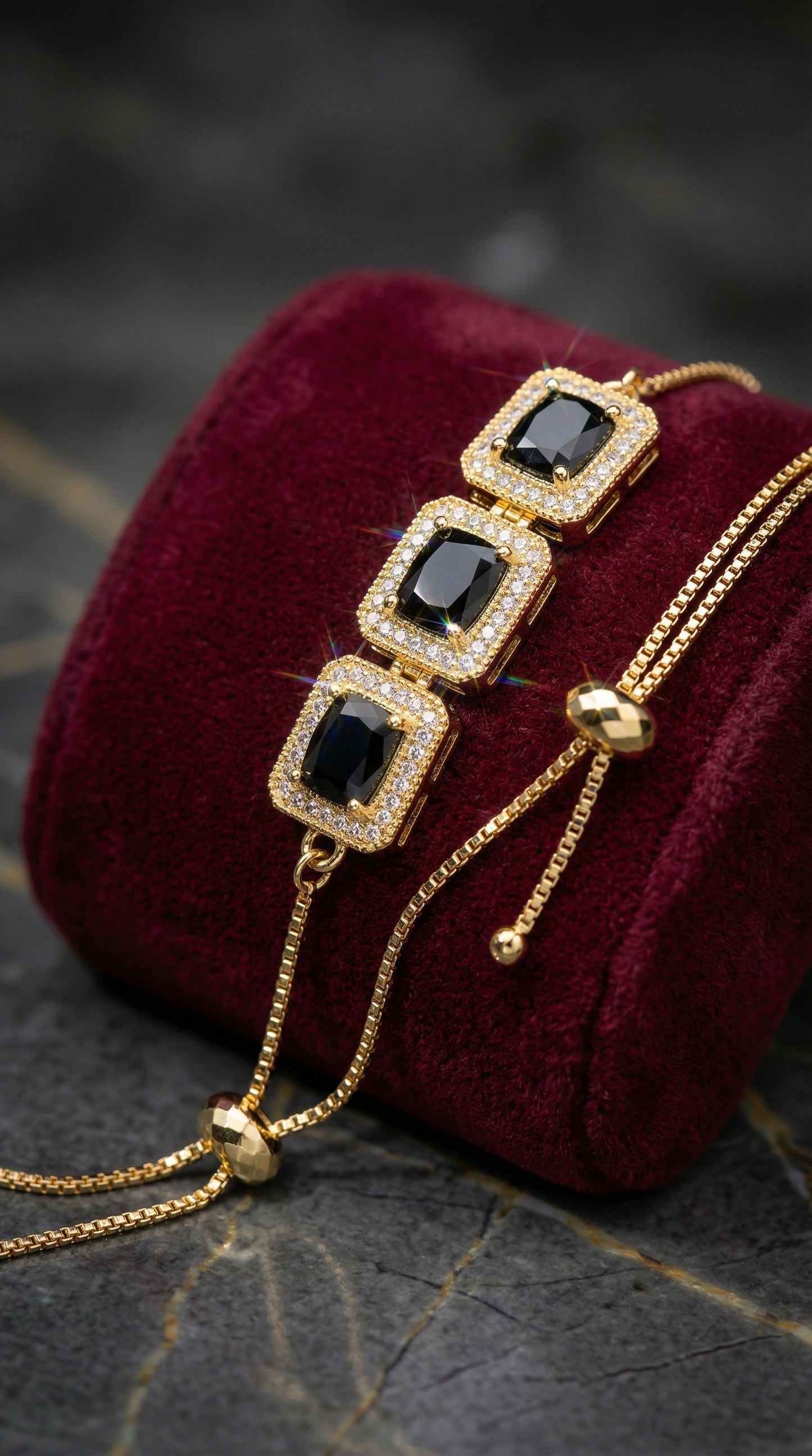 Royal Black Crystal Adjustable Gold Bracelet