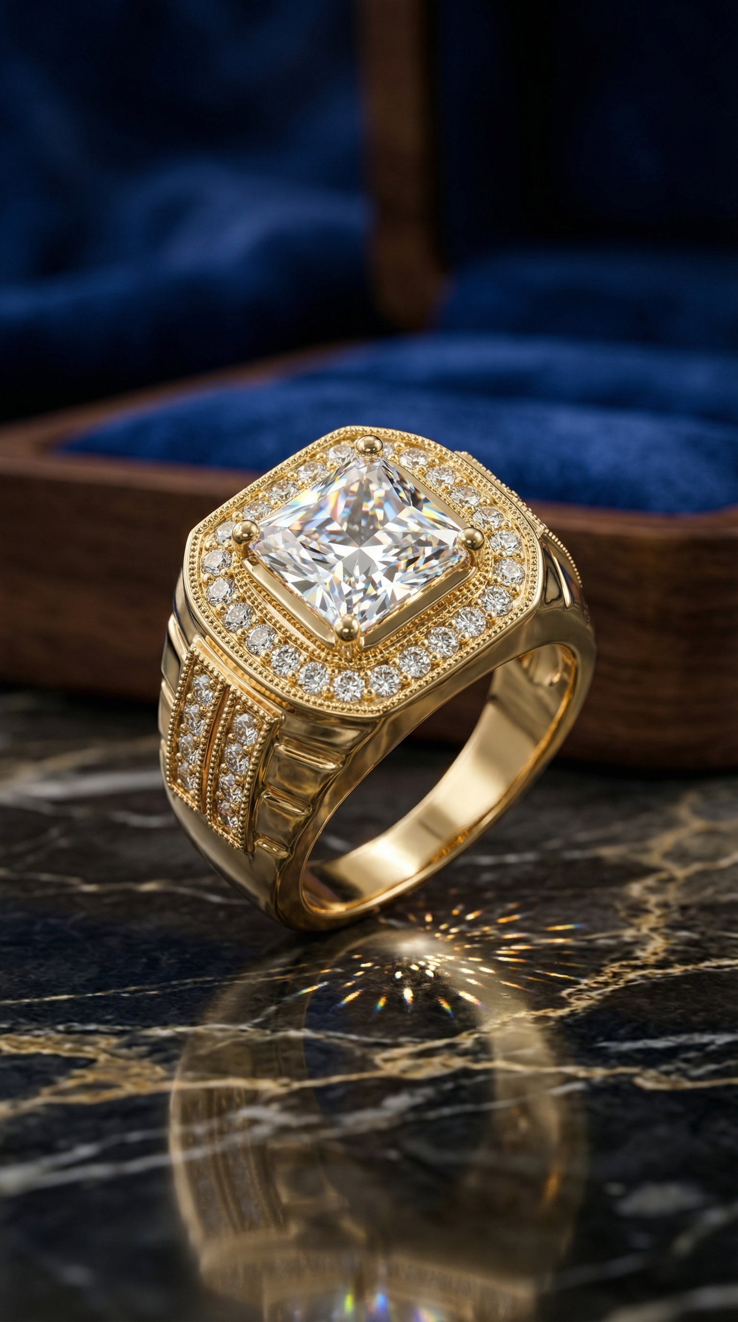 Royal Square Crystal Gold Statement Ring