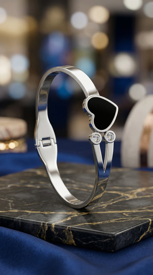 Black Heart Crystal Silver Bangle Bracelet
