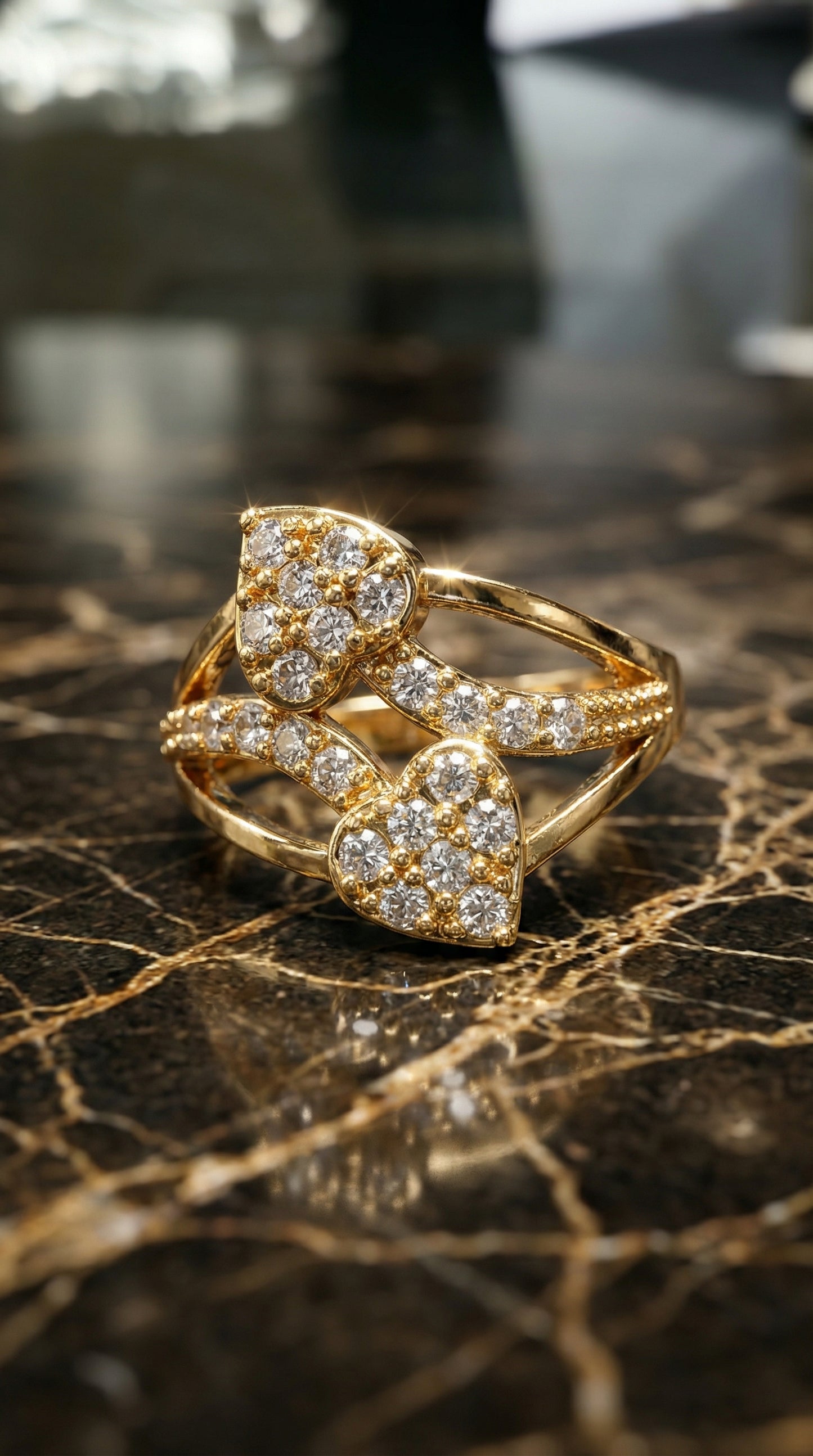 Golden Twin Heart Crystal Ring