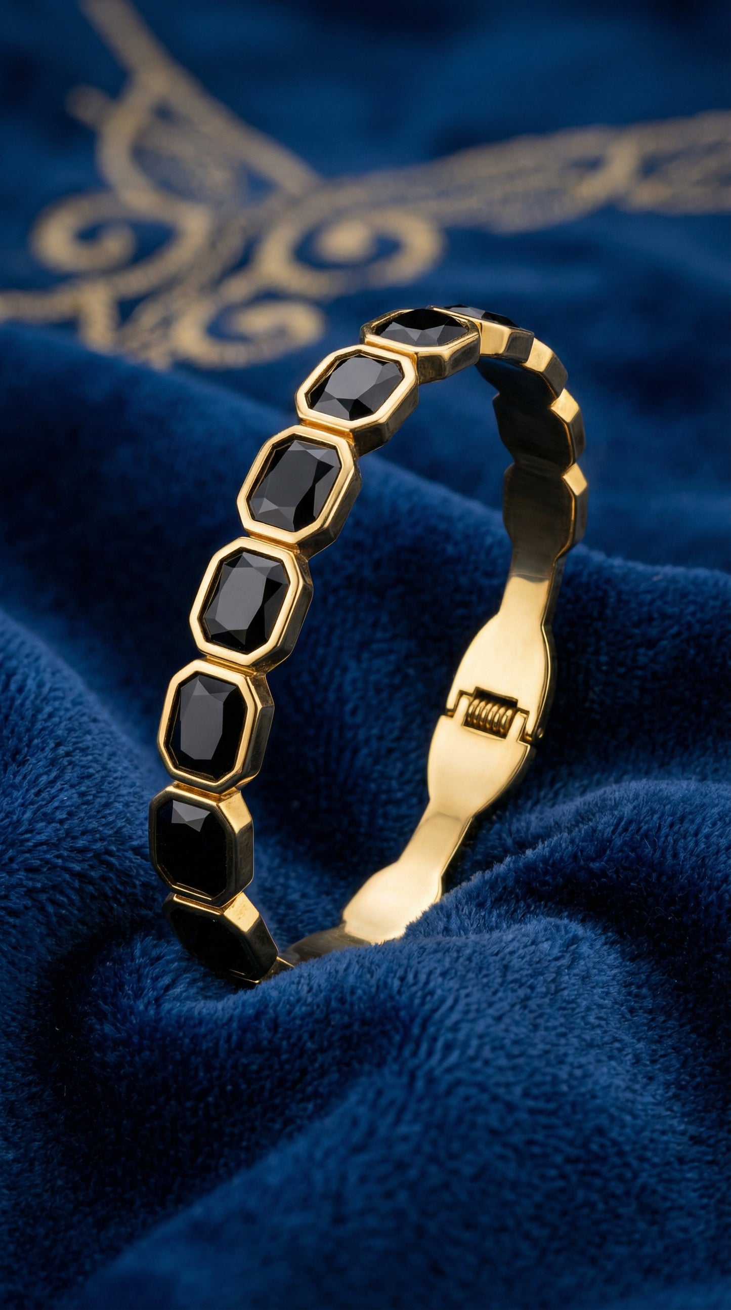 Black Onyx Hexagon Gold Bangle Bracelet