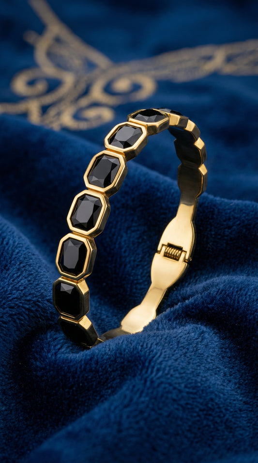 Black Onyx Hexagon Gold Bangle Bracelet