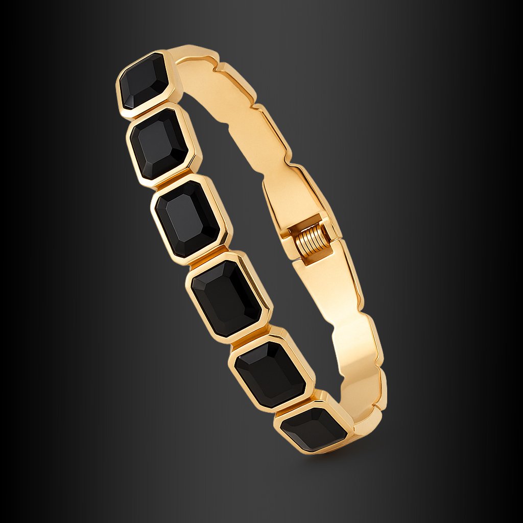Black Onyx Hexagon Gold Bangle Bracelet
