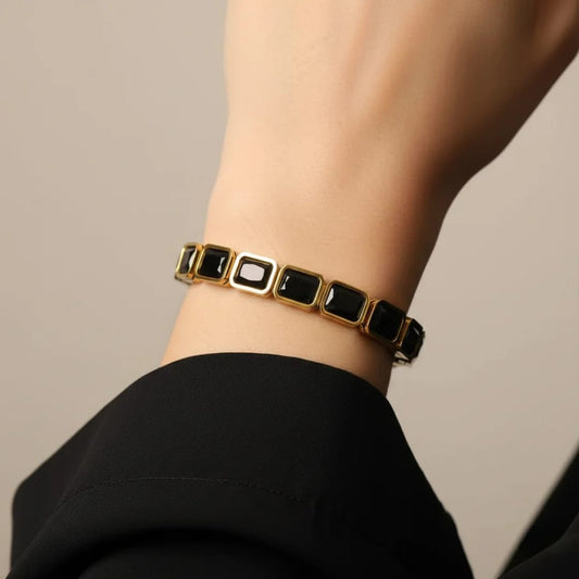 Black Onyx Hexagon Gold Bangle Bracelet